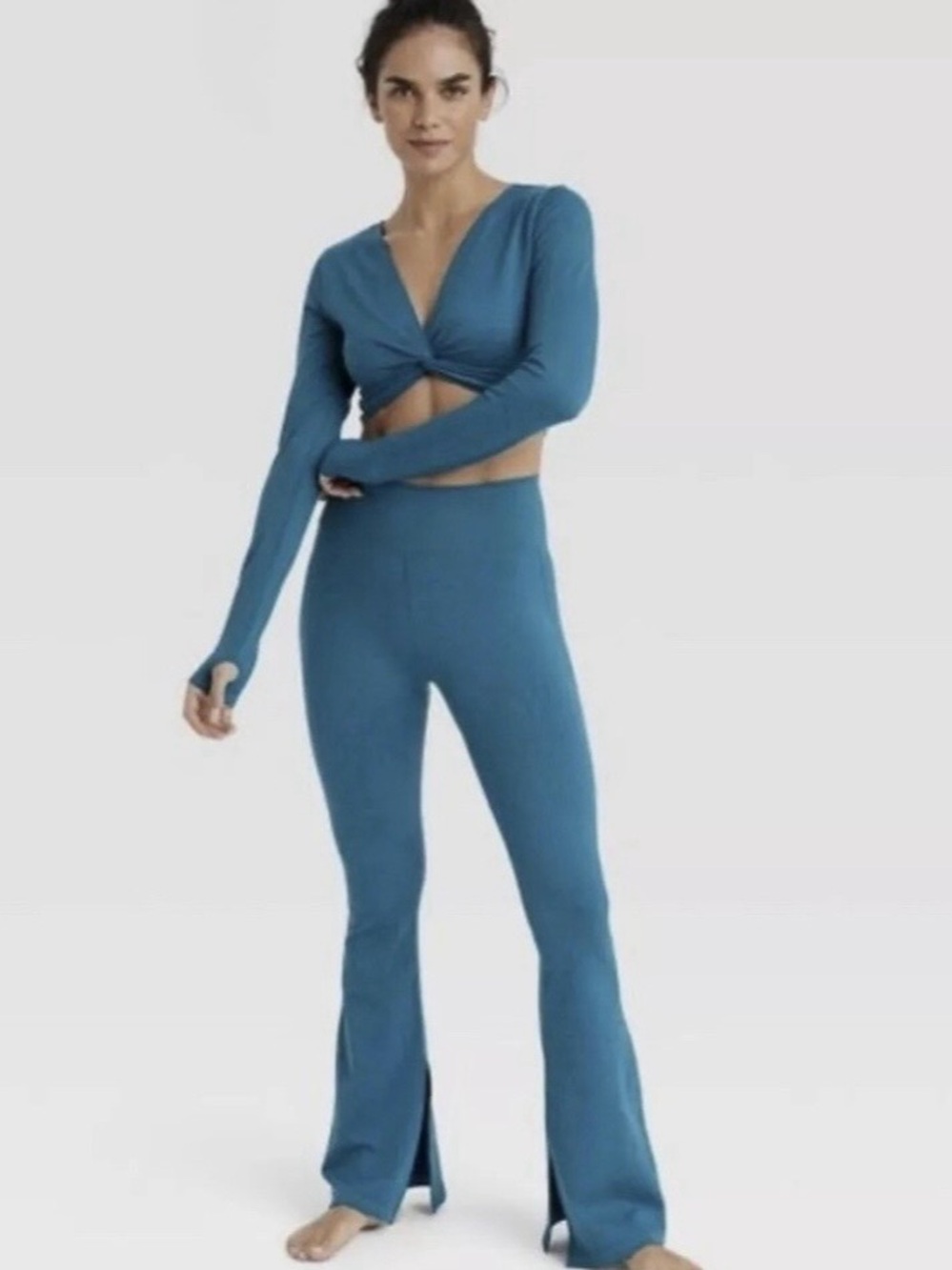JoyLab Teal Ribbed Crop Top and Flared Leggings